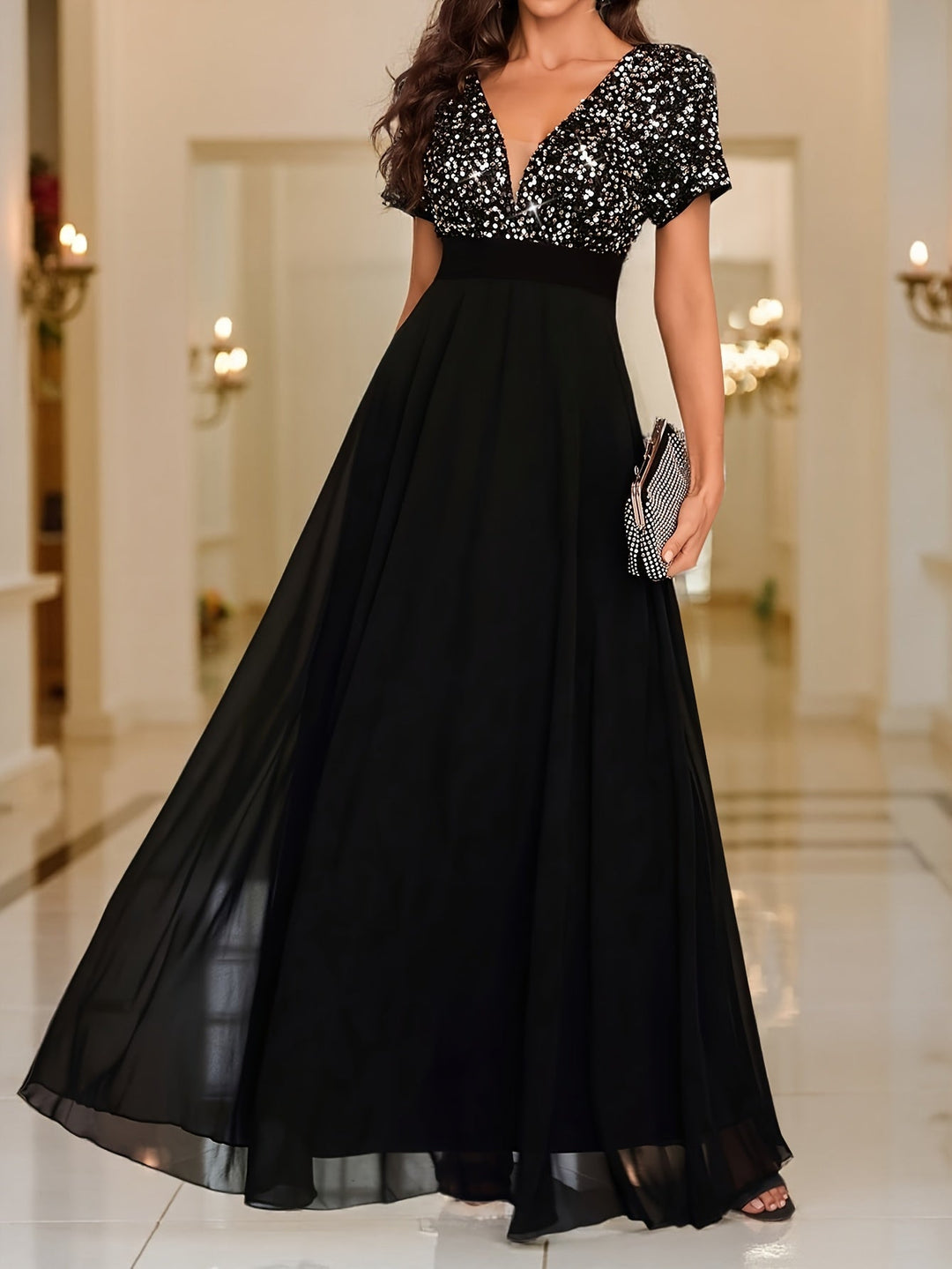 Elegant Sequin Maxi Dress for Women with V Neck Short Sleeve Empire Waist Flowing Formal Wedding Guest Style