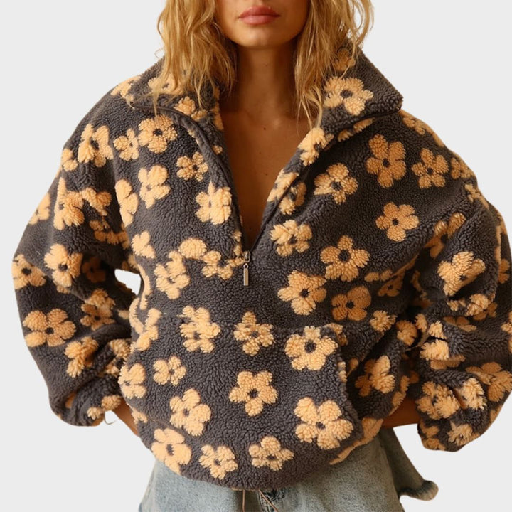Comfortable Floral Sherpa Pullover for Women with Collar Half Zip Long Sleeve Oversized Knit Style
