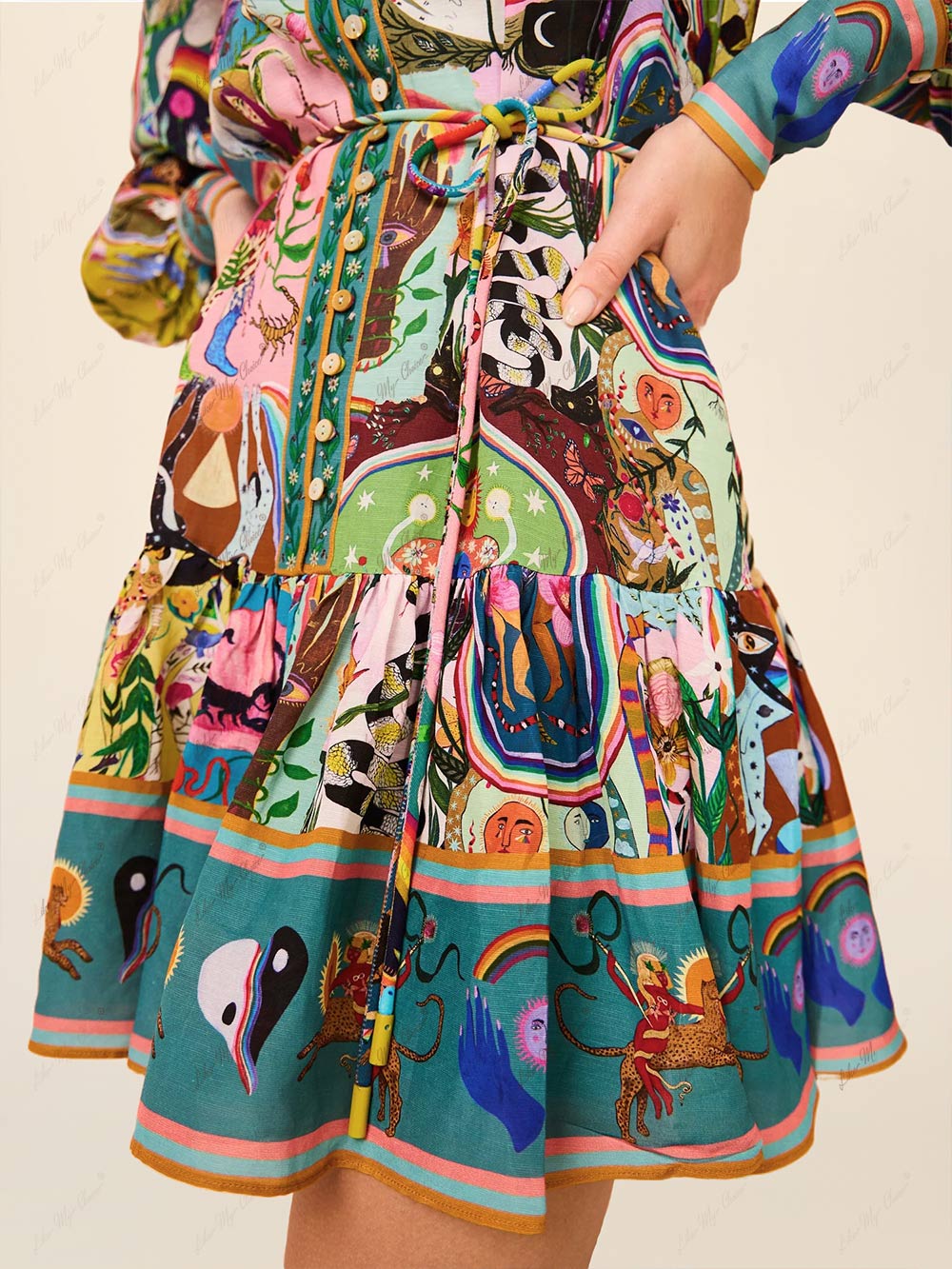 Effortless Multicolor Novelty Print Mini Dress for Women with Collar Balloon Sleeve Tie Waist Tiered Ruffle Bohemian Style