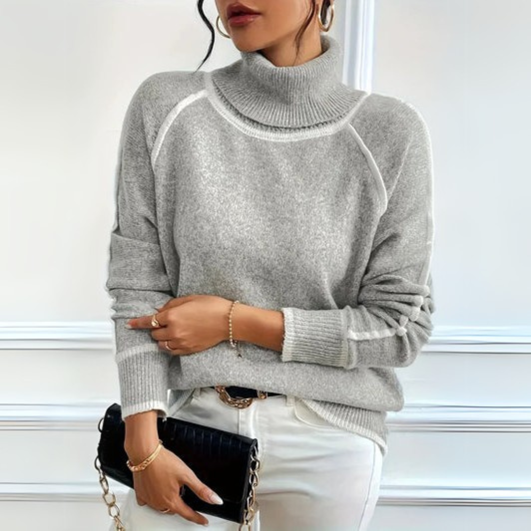 Comfortable Grey Contrast Trim Sweater for Women with High Neck Long Sleeve Relaxed Oversized Knit Style