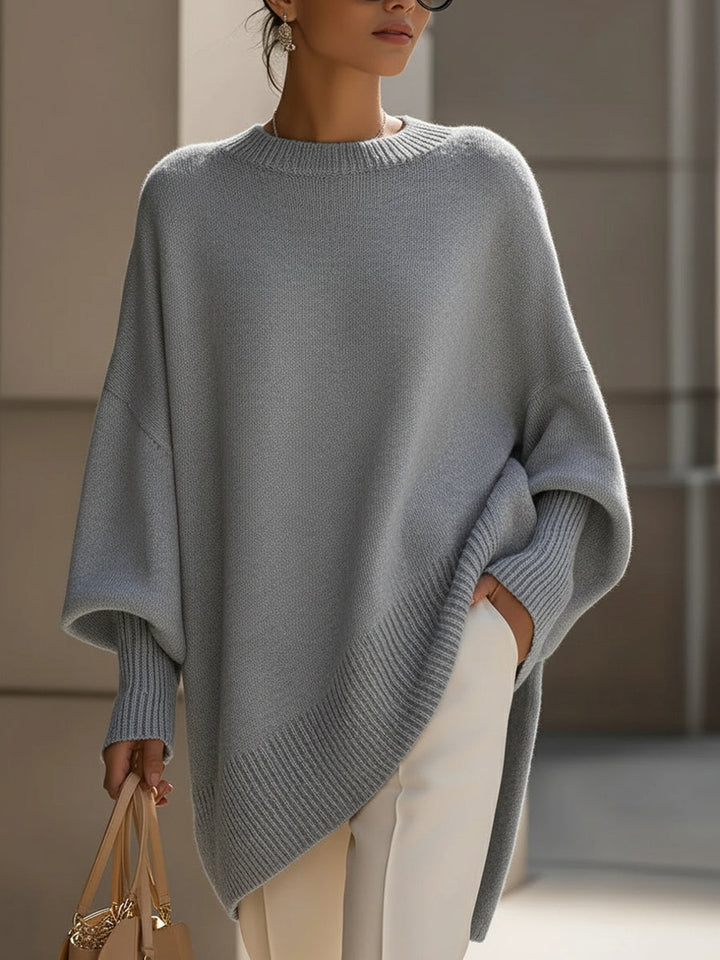 Comfortable Knit Sweater for Women with Crew Neck Batwing Sleeve Asymmetric Hem Oversized Style