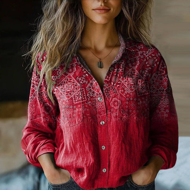 Effortless Boho Print Linen Blouse for Women with Collar Long Sleeve Button Front Relaxed Style