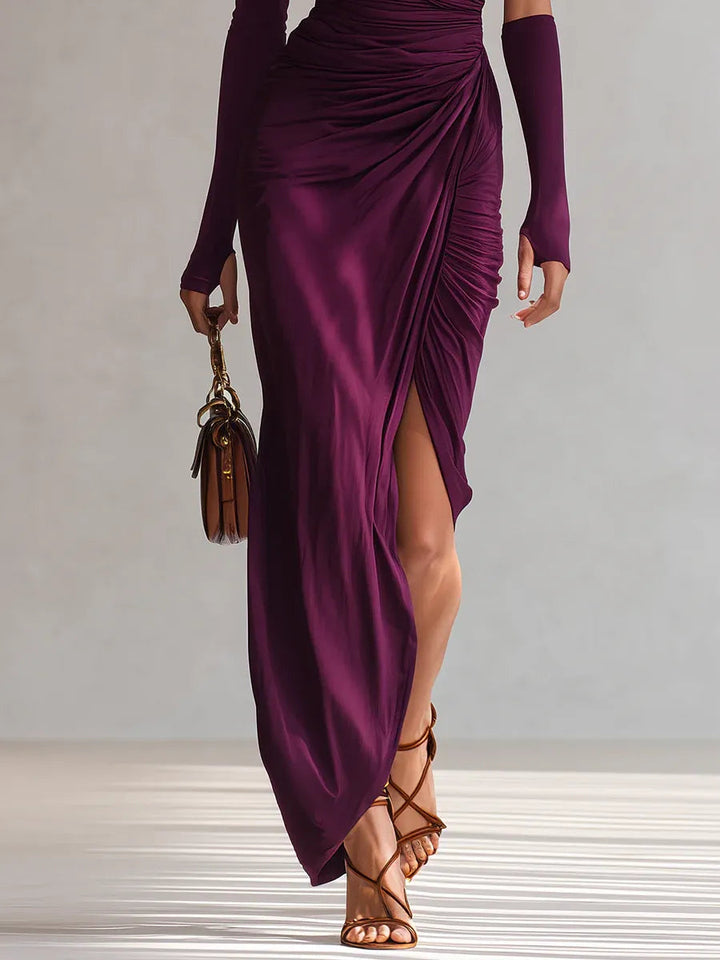 Elegant Purple Maxi Dress for Women with One Shoulder Long Sleeve Ruched High Slit Formal Wedding Guest Style