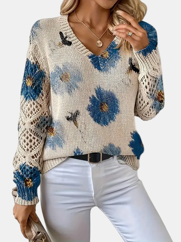Comfortable Floral Crochet Sweater for Women with V Neck Long Sleeve Oversized Knit Style