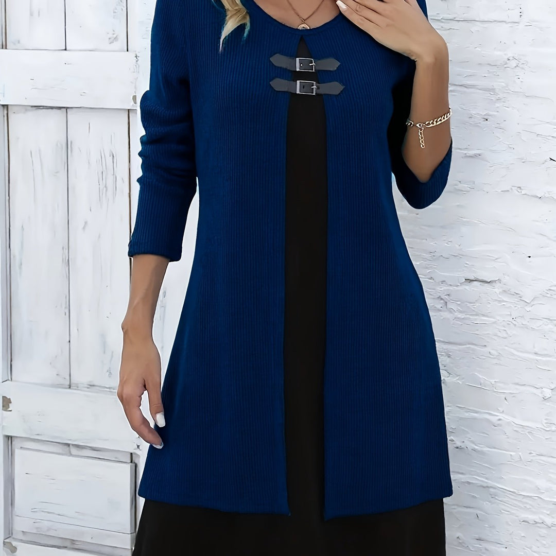 Elegant Ribbed Knit Two Tone Midi Dress for Women with Round Neck Long Sleeve Buckle Detail Layered Style