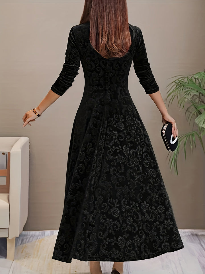 Elegant Velvet Floral Maxi Dress for Women with V Neck Long Sleeve A Line Flowing Formal Style