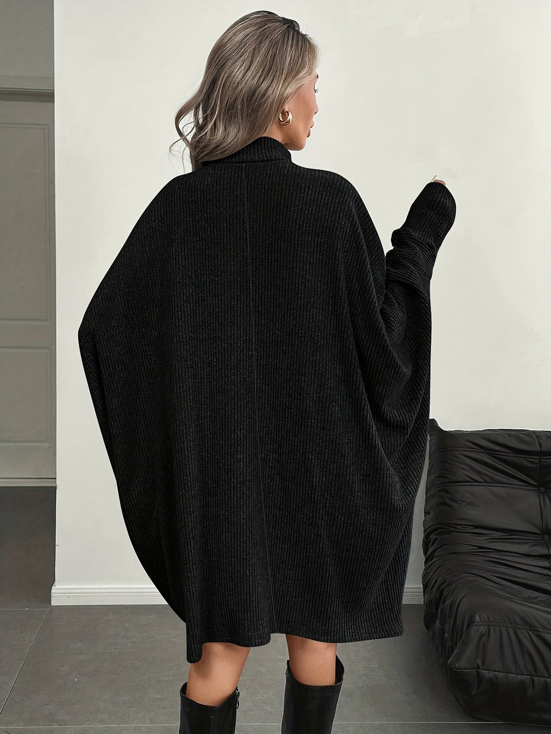 Comfortable Ribbed Knit Sweater Dress for Women with Mock Neck Batwing Sleeve Relaxed Oversized Knit Style