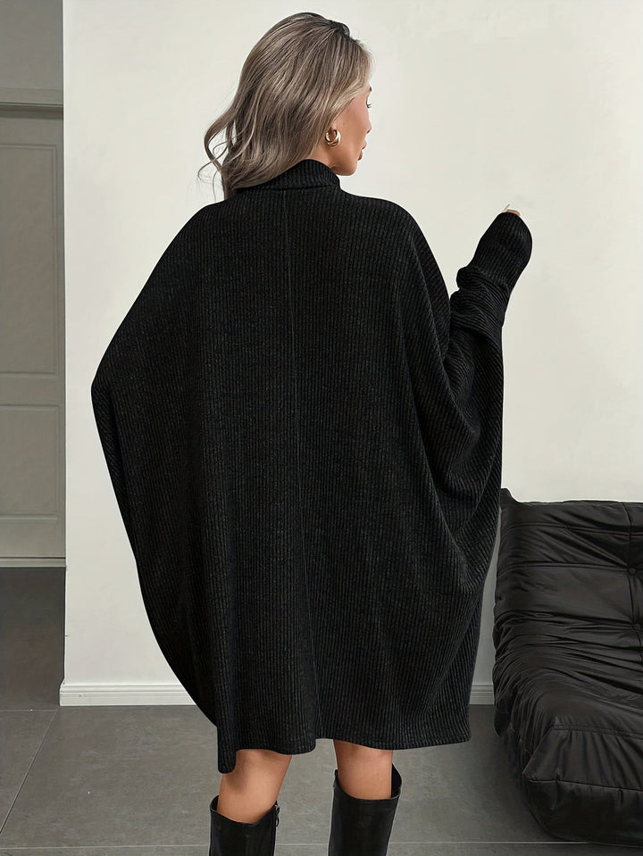 Comfortable Ribbed Knit Sweater Dress for Women with Mock Neck Batwing Sleeve Relaxed Oversized Knit Style