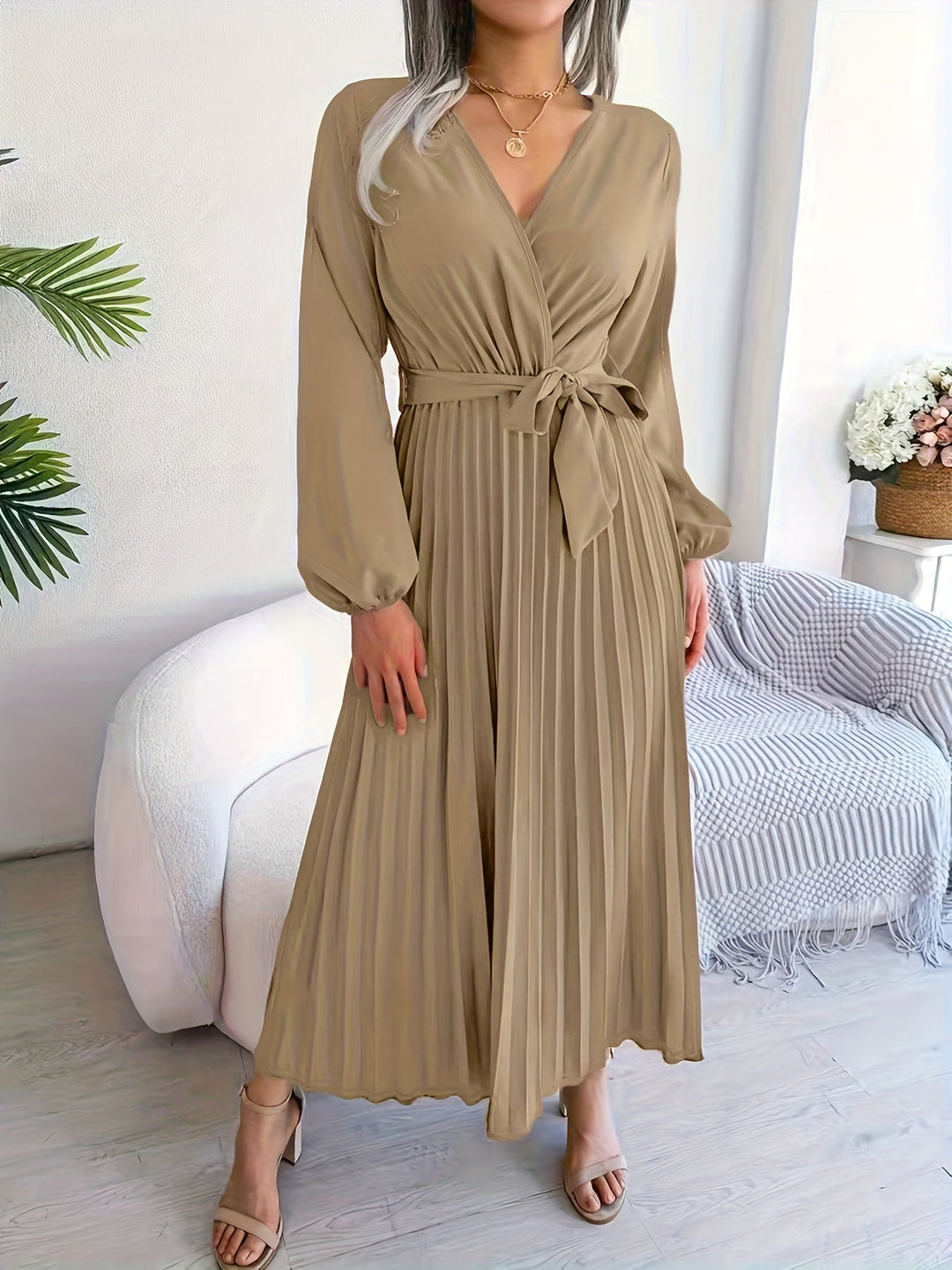 Elegant Pleated Wrap Maxi Dress for Women with V Neck Bishop Sleeve Belted Flowing Style