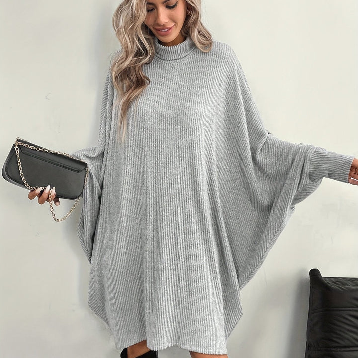 Comfortable Ribbed Knit Sweater Dress for Women with Mock Neck Batwing Sleeve Relaxed Oversized Knit Style