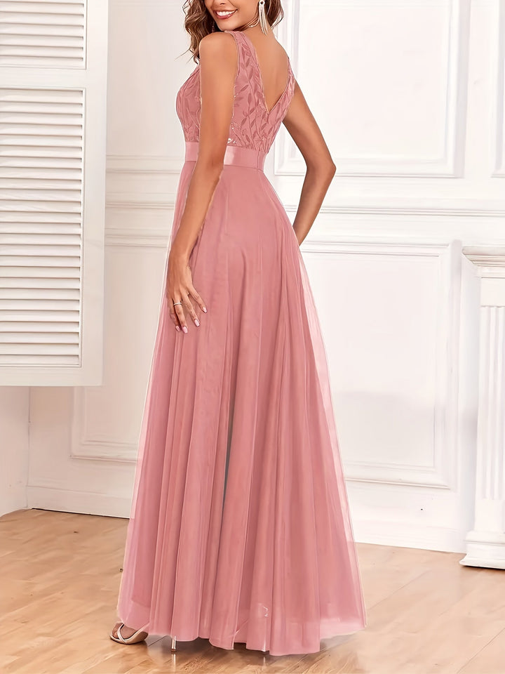 Elegant Embroidered Sequin Maxi Dress for Women with V Neck Sleeveless A Line Formal Wedding Guest Style