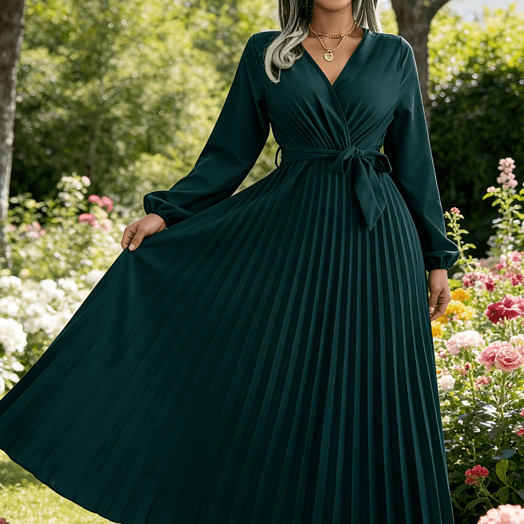 Elegant Pleated Wrap Maxi Dress for Women with V Neck Long Sleeve Belted Flowing Style
