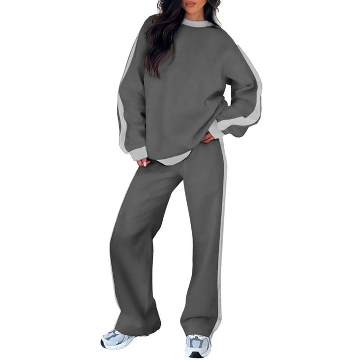 Comfortable Colorblock Wide Leg Set for Women with Crewneck Long Sleeve Contrast Stripe Two Piece Style