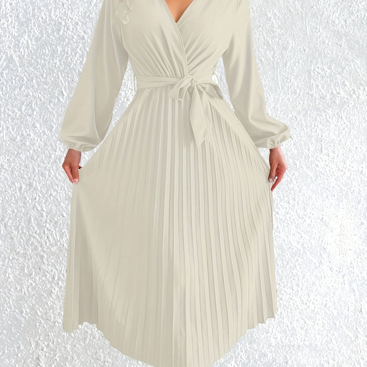 Elegant Pleated Wrap Maxi Dress for Women with V Neck Bishop Sleeve Belted Flowing Style