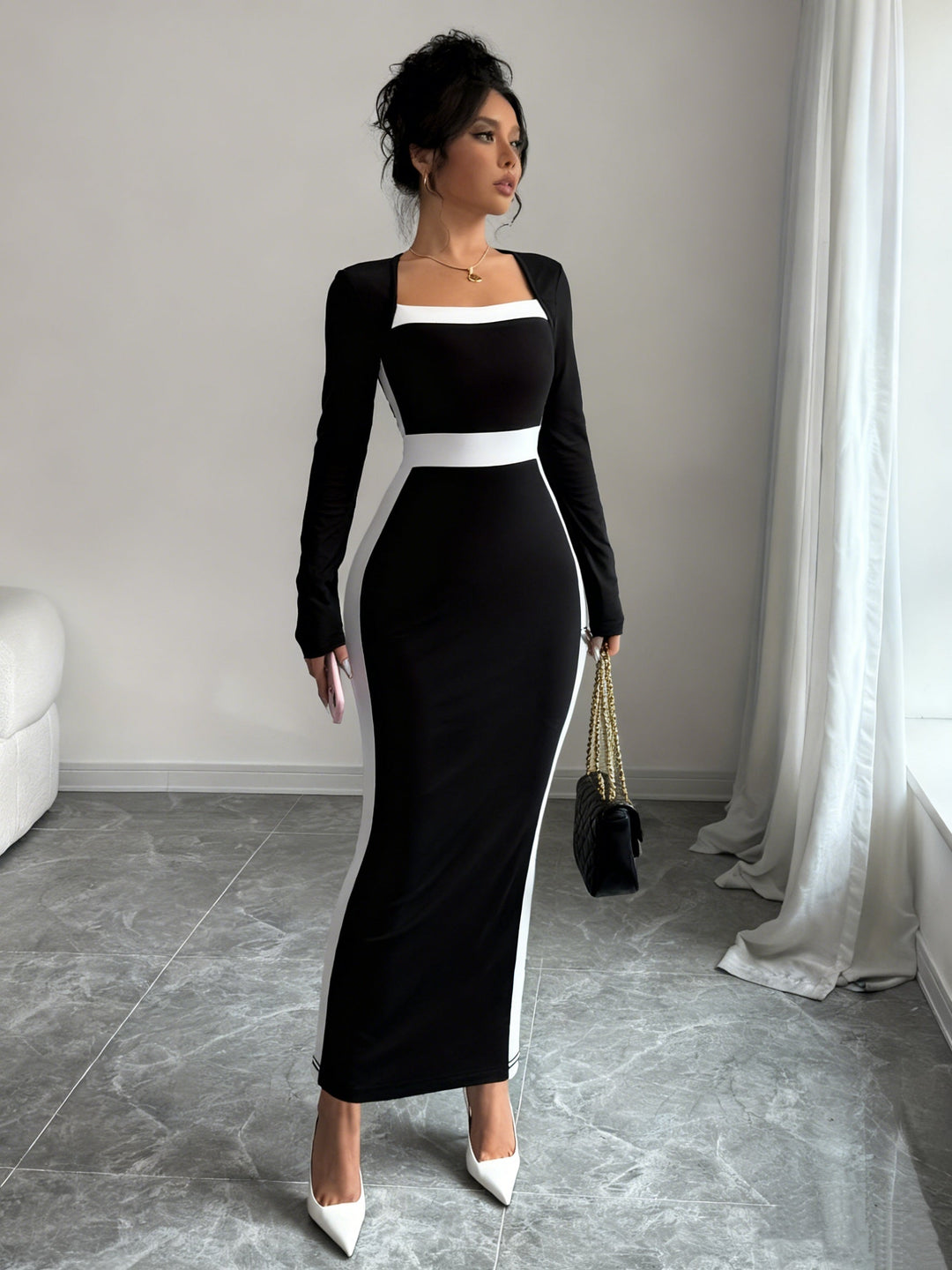 Elegant Black Colorblock Maxi Dress for Women with Square Neck Long Sleeve Bodycon Column Style