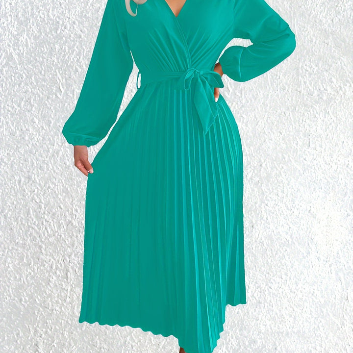 Elegant Pleated Wrap Maxi Dress for Women with V Neck Bishop Sleeve Belted Flowing Style