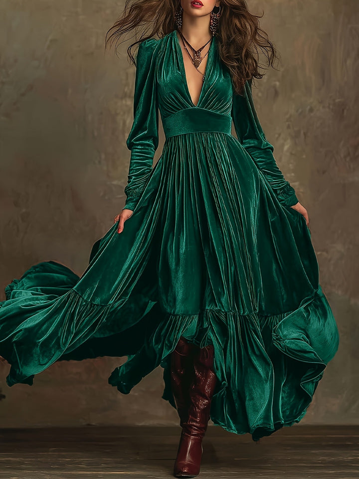 Elegant Velvet Maxi Dress for Women with Plunging V Neck Long Sleeve Tiered Ruffle Flowing Style