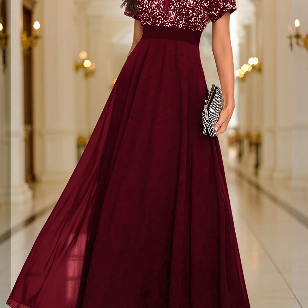 Elegant Sequin Maxi Dress for Women with V Neck Short Sleeve Empire Waist Flowing Formal Wedding Guest Style
