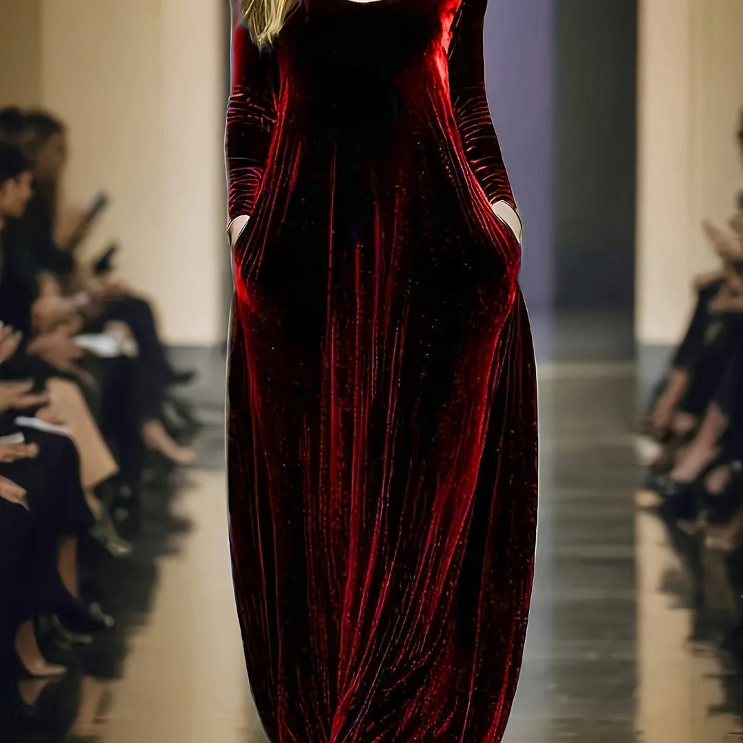 Elegant Velvet Maxi Dress for Women with Scoop Neck Long Sleeve Flowing Caftan Style