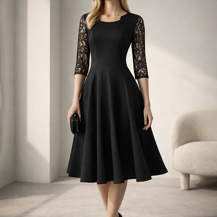 Elegant Lace Midi Dress for Women with Square Neck Three Quarter Sleeve Fit and Flare Cocktail Style