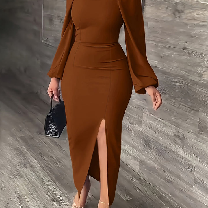 Elegant Bodycon Midi Dress for Women with Square Neck Long Puff Sleeve Side Slit Cocktail Style