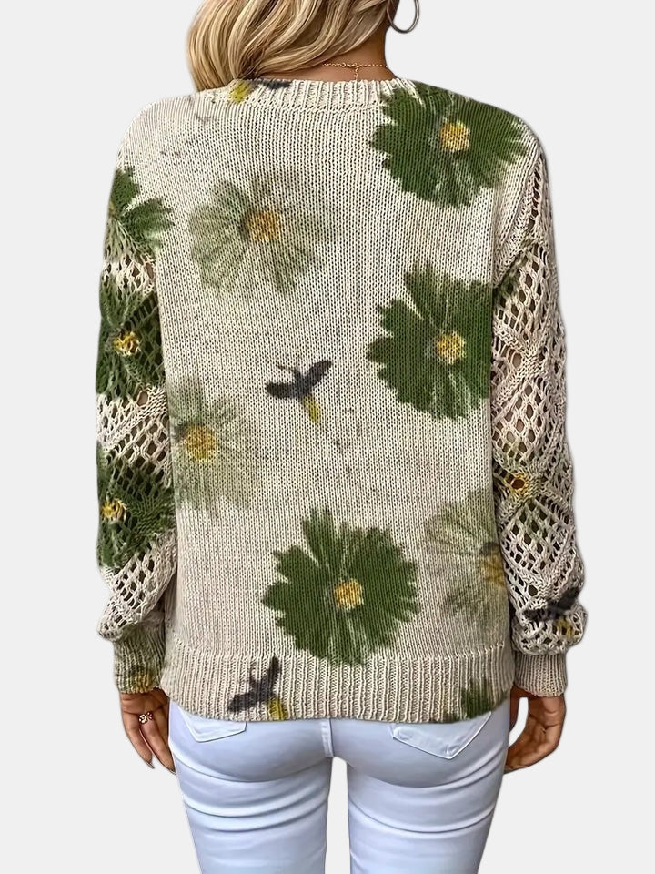 Comfortable Floral Crochet Sweater for Women with V Neck Long Sleeve Oversized Knit Style