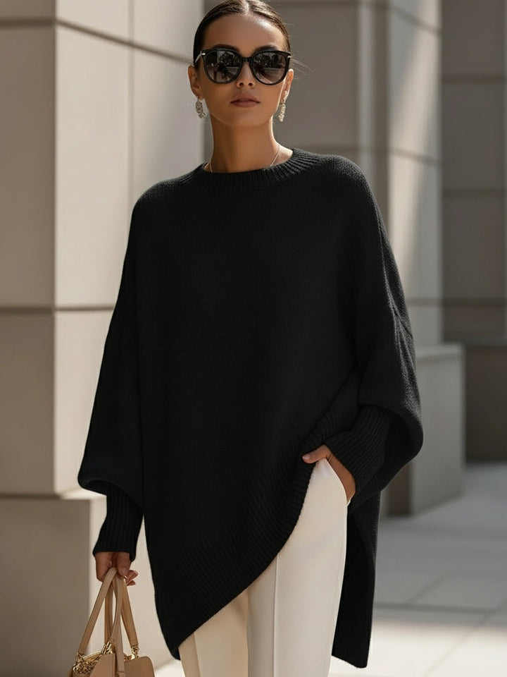 Comfortable Knit Sweater for Women with Crew Neck Batwing Sleeve Asymmetric Hem Oversized Style