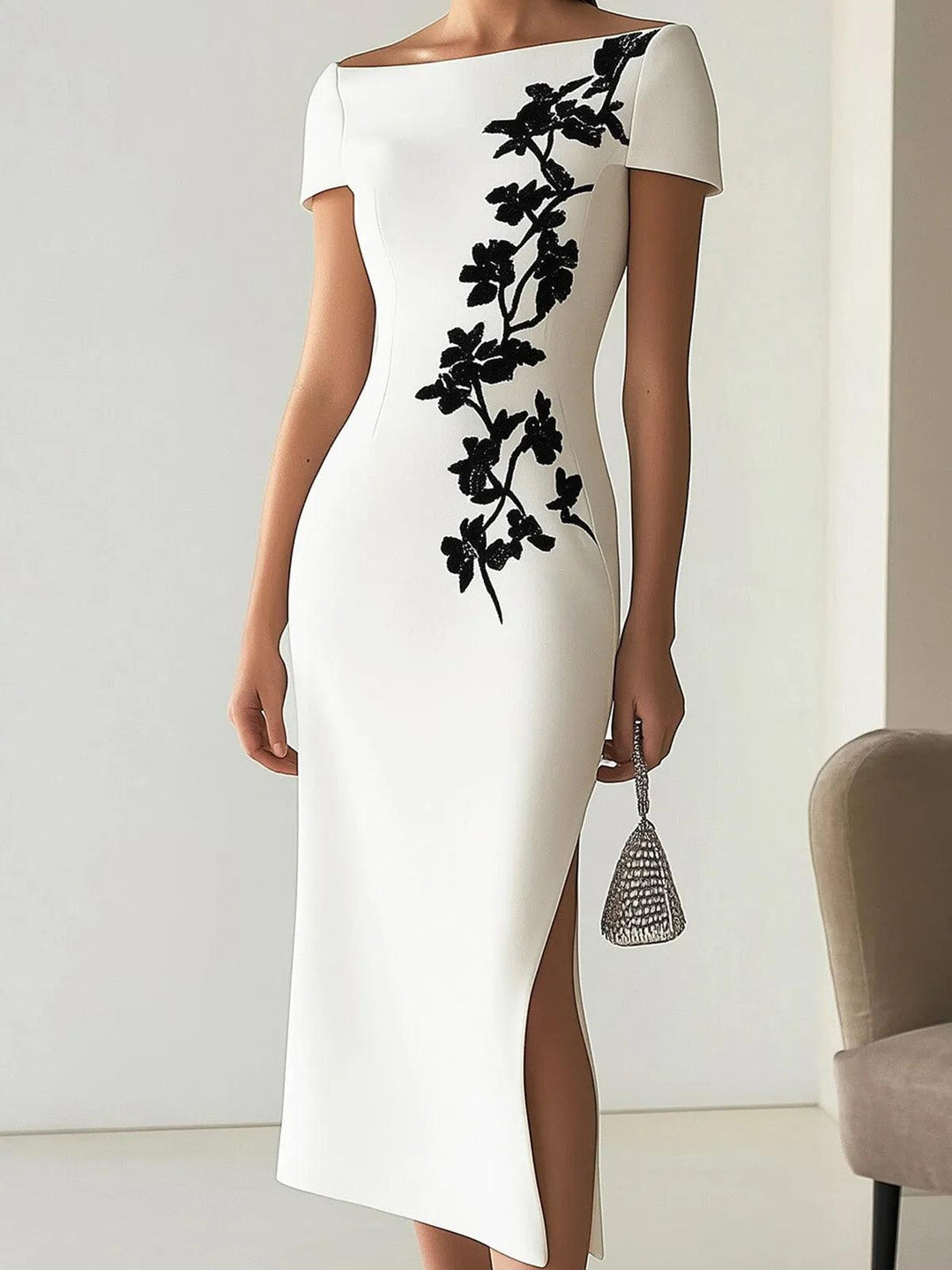 Elegant White Floral Lace Midi Dress for Women with Boat Neck Short Sleeve Side Slit Sheath Style