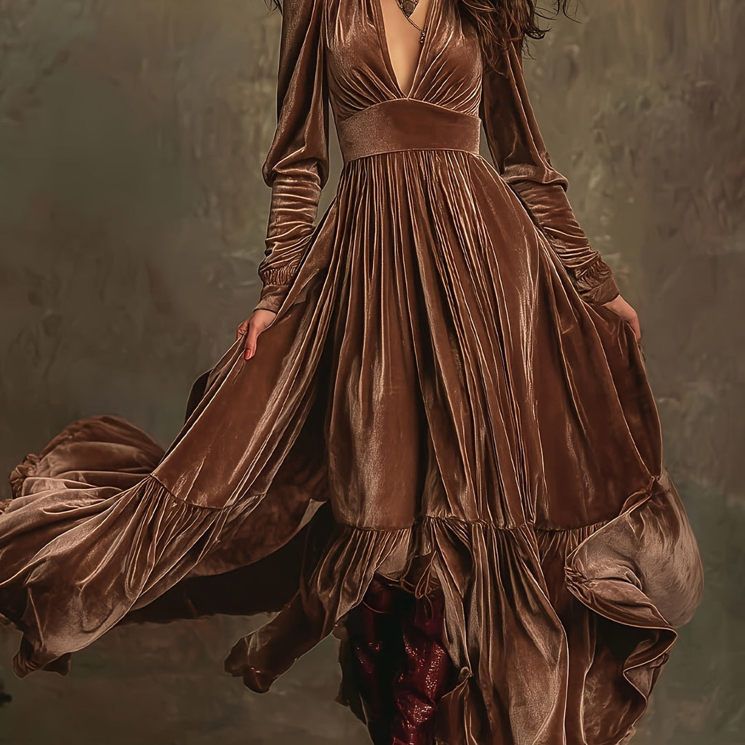 Elegant Velvet Maxi Dress for Women with Plunging V Neck Long Sleeve Tiered Ruffle Flowing Style