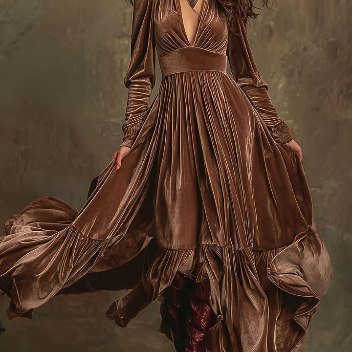 Elegant Velvet Maxi Dress for Women with Plunging V Neck Long Sleeve Tiered Ruffle Flowing Style