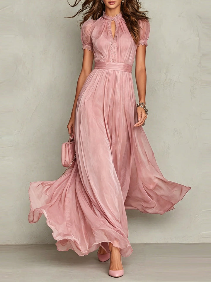 Elegant Chiffon Maxi Dress for Women with High Neck Keyhole Puff Sleeve Flowing Style