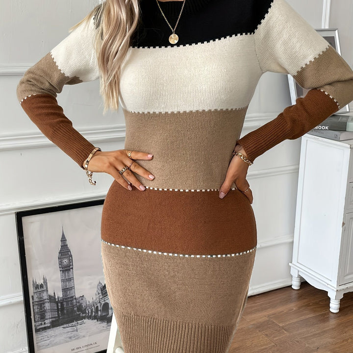 Elegant Colorblock Sweater Dress for Women with Crew Neck Long Sleeve Bodycon Knit Style