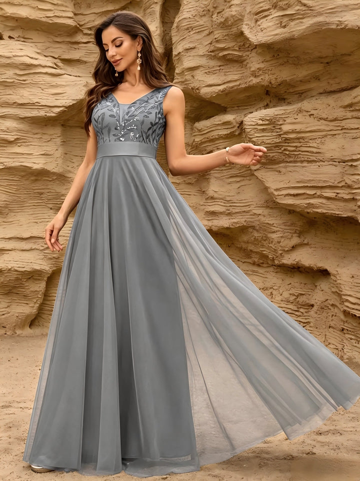 Elegant Embroidered Sequin Maxi Dress for Women with V Neck Sleeveless A Line Formal Wedding Guest Style