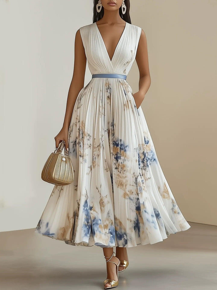 Effortless White Floral Midi Dress for Women with V Neck Sleeveless Pleated Belted Flowing Style