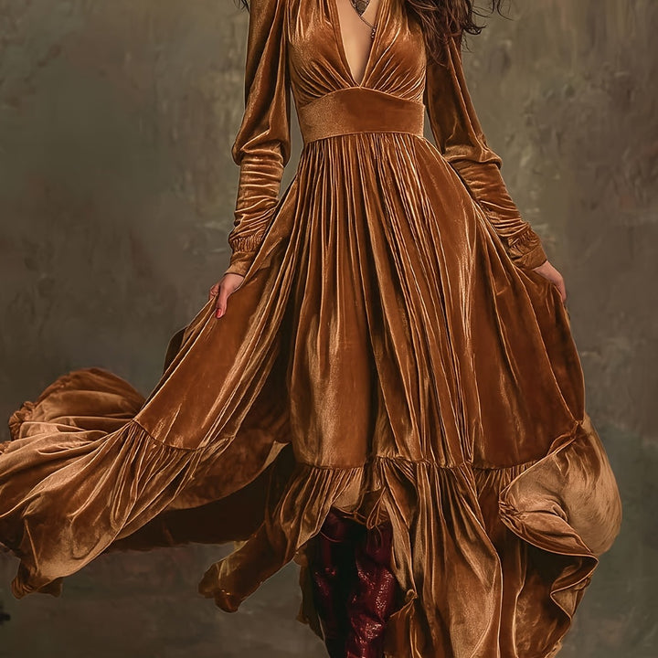 Elegant Velvet Maxi Dress for Women with Plunging V Neck Long Sleeve Tiered Ruffle Flowing Style