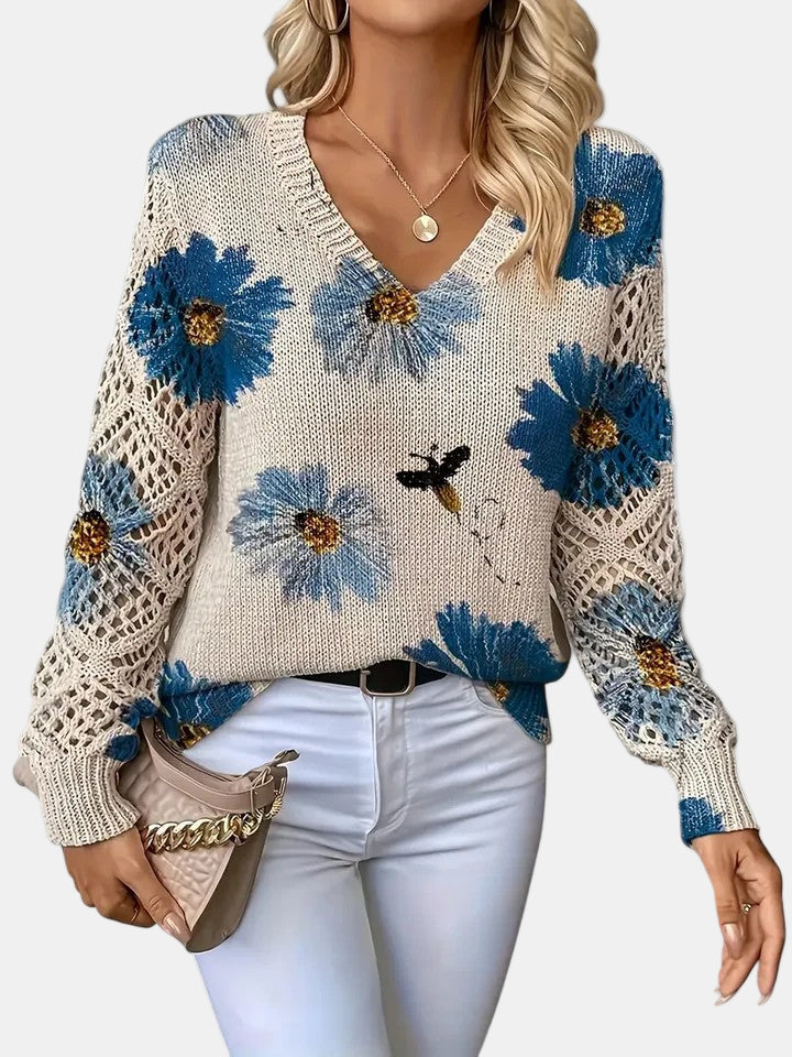 Comfortable Floral Crochet Sweater for Women with V Neck Long Sleeve Oversized Knit Style