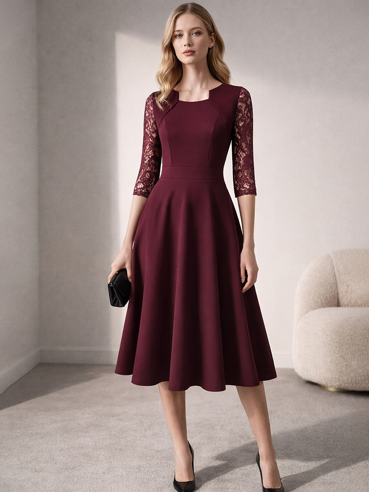 Elegant Lace Midi Dress for Women with Square Neck Three Quarter Sleeve Fit and Flare Cocktail Style