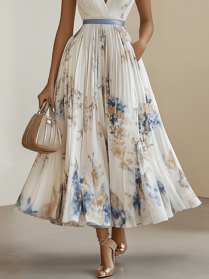 Effortless White Floral Midi Dress for Women with V Neck Sleeveless Pleated Belted Flowing Style