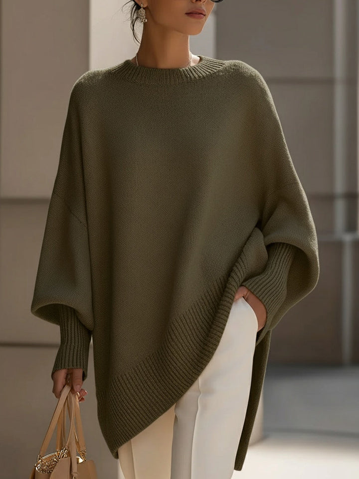Comfortable Knit Sweater for Women with Crew Neck Batwing Sleeve Asymmetric Hem Oversized Style
