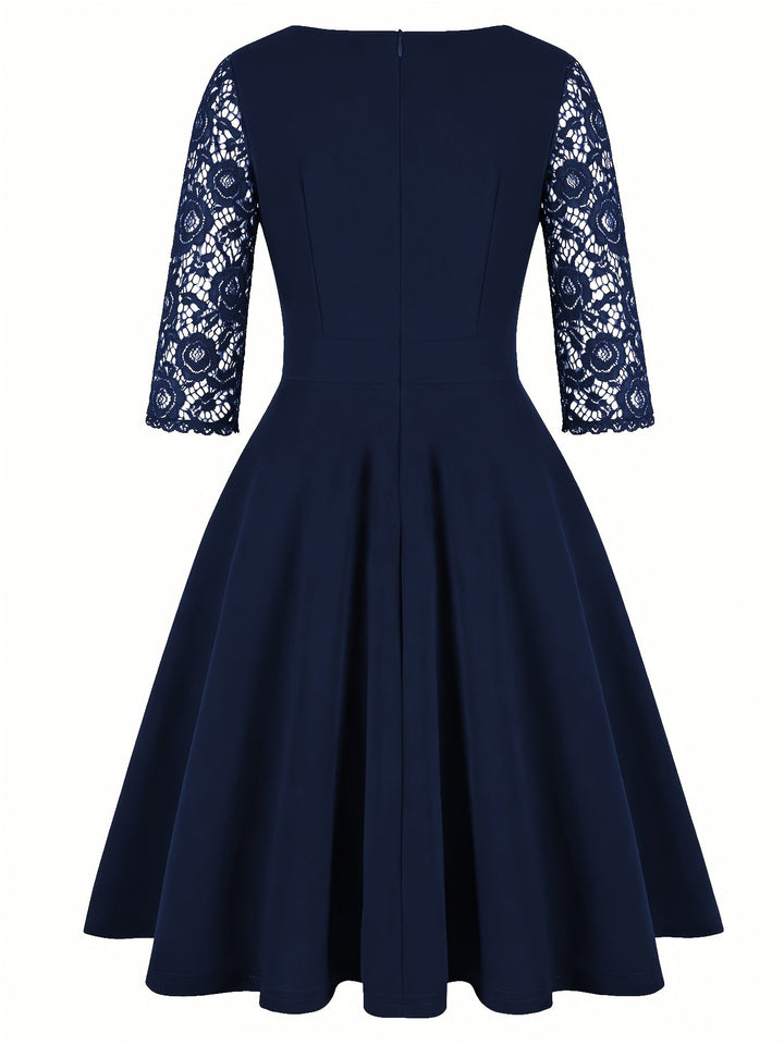 Elegant Lace Midi Dress for Women with Square Neck Three Quarter Sleeve Fit and Flare Cocktail Style