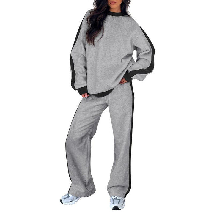 Comfortable Colorblock Wide Leg Set for Women with Crewneck Long Sleeve Contrast Stripe Two Piece Style