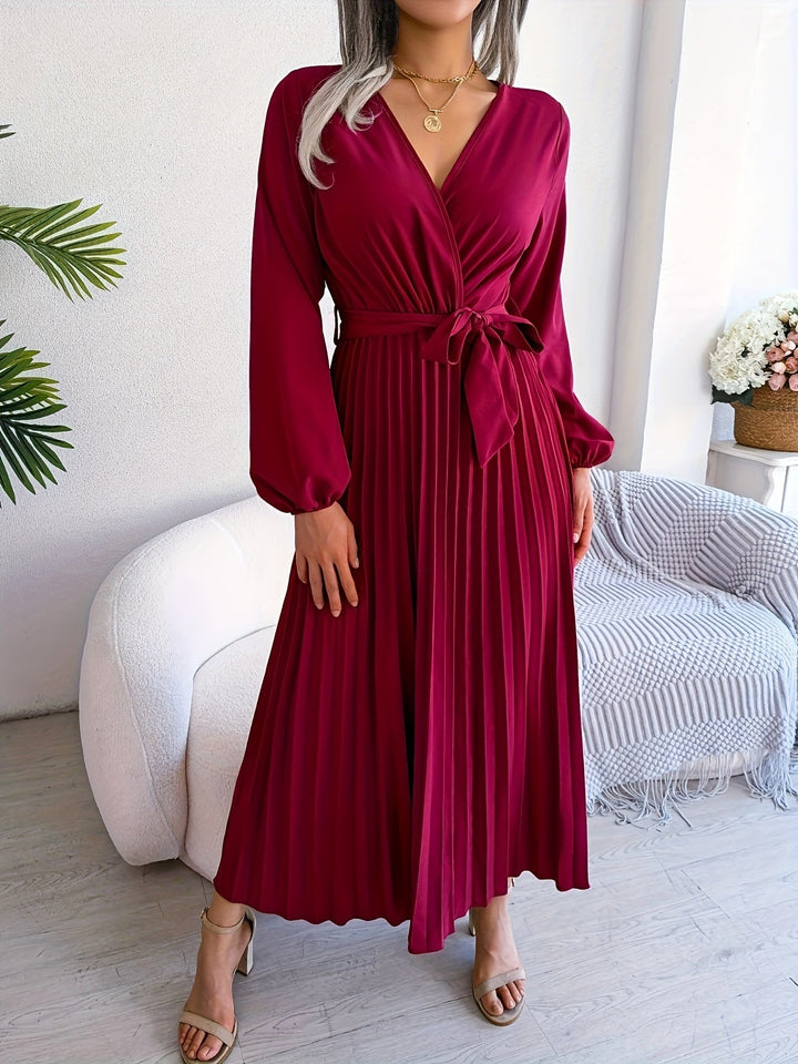Elegant Pleated Wrap Maxi Dress for Women with V Neck Bishop Sleeve Belted Flowing Style