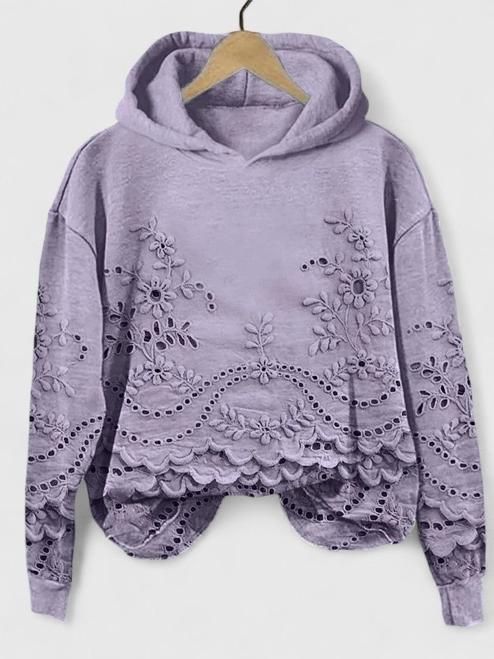 Effortless Eyelet Embroidered Cropped Hoodie for Women with Hood Long Sleeve Scalloped High Low Hem Bohemian Style