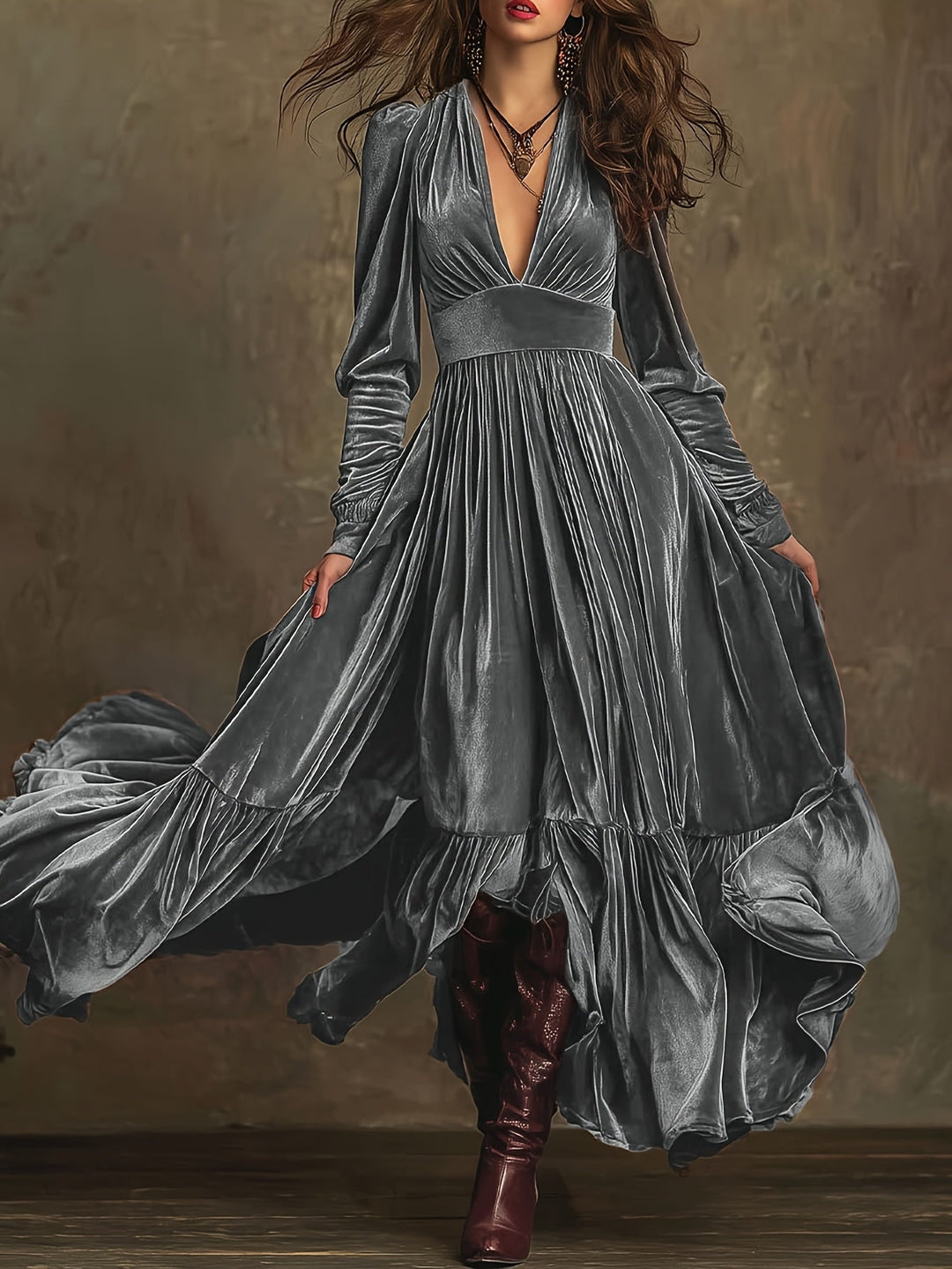 Elegant Velvet Maxi Dress for Women with Plunging V Neck Long Sleeve Tiered Ruffle Flowing Style
