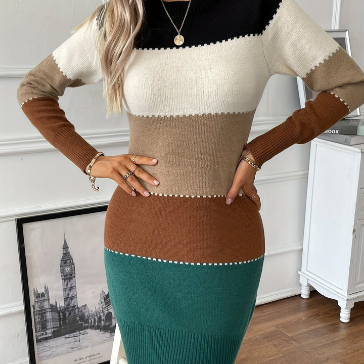 Elegant Colorblock Sweater Dress for Women with Crew Neck Long Sleeve Bodycon Knit Style