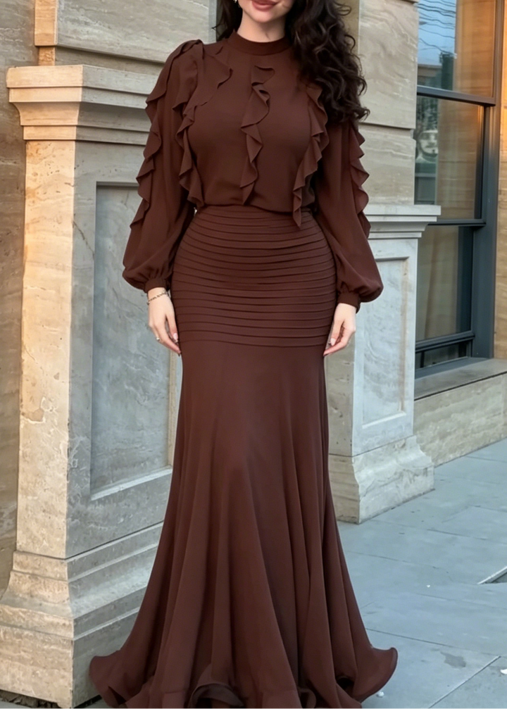 Elegant Brown Ruffle Maxi Dress for Women with High Neck Balloon Sleeve Mermaid Flowing Style