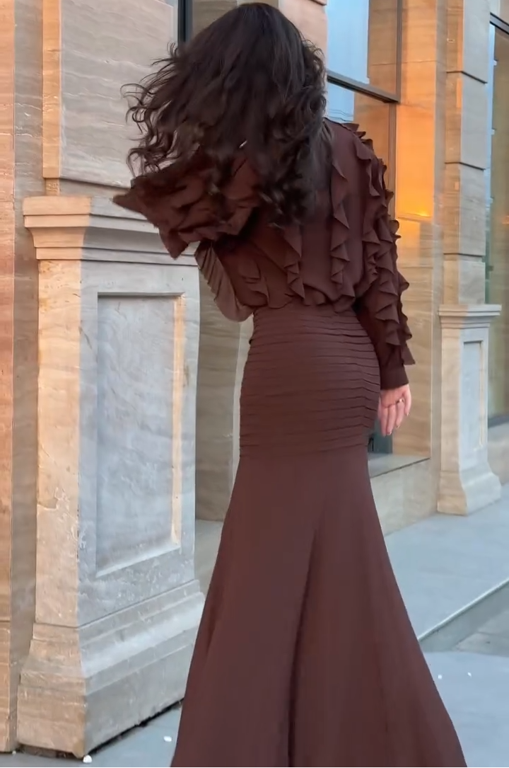 Elegant Brown Ruffle Maxi Dress for Women with High Neck Balloon Sleeve Mermaid Flowing Style