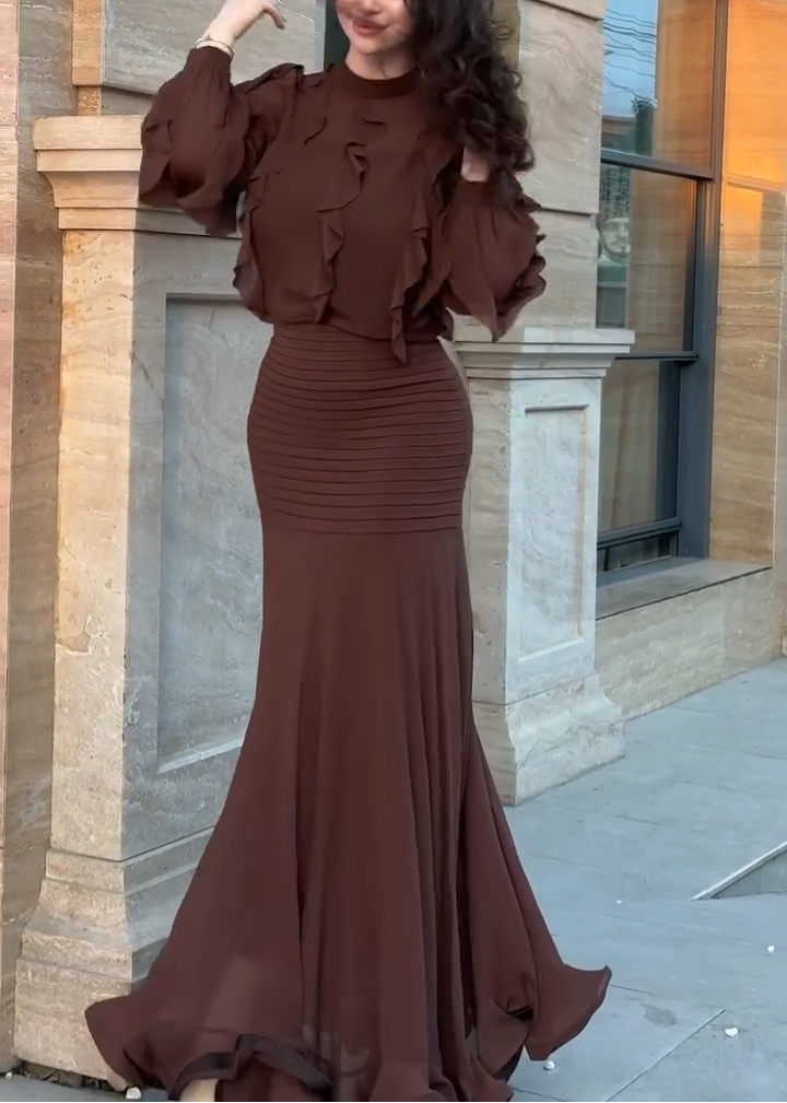 Elegant Brown Ruffle Maxi Dress for Women with High Neck Balloon Sleeve Mermaid Flowing Style