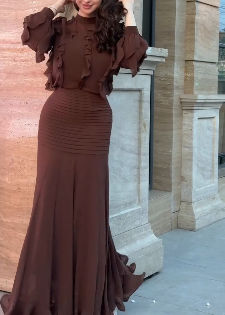 Elegant Brown Ruffle Maxi Dress for Women with High Neck Balloon Sleeve Mermaid Flowing Style