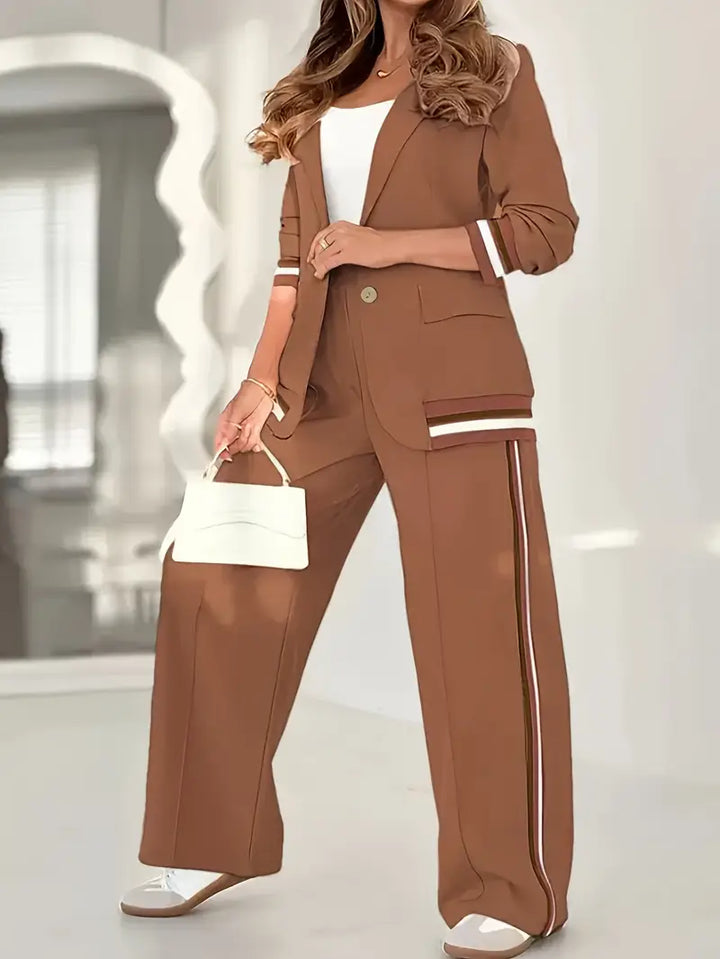 Elegant Two Piece Set for Women with Notch Lapel Blazer Striped Trim Wide Leg Pant Business Style